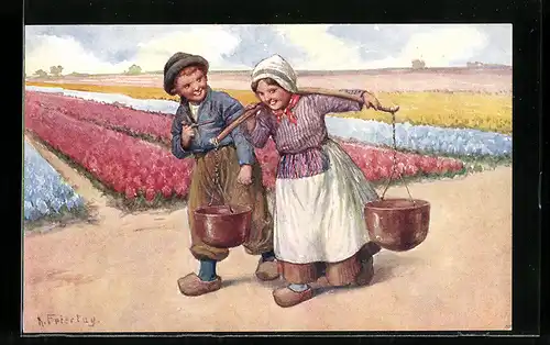 Künstler-AK Karl Feiertag: Niederländisches Paar vor Tulpenfeldern