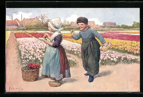 Künstler-AK Karl Feiertag: Mädchen und Junge in holländischer Tracht in einem Blumenfeld