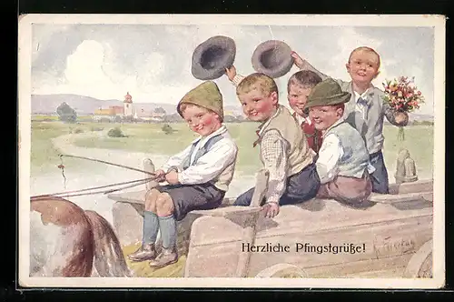 Künstler-AK Karl Feiertag: Jungen auf einem Pferdewagen, Pfingstgruss