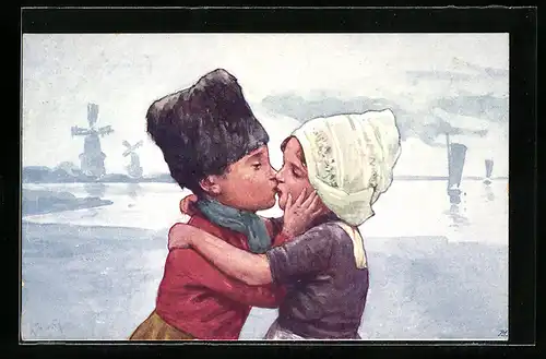 Künstler-AK Karl Feiertag: Küssendes junges holländisches Paar