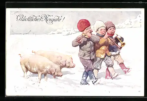 Künstler-AK Karl Feiertag: Jungen mit Tröten und Schweinen im Schnee, Neujahrsgruss