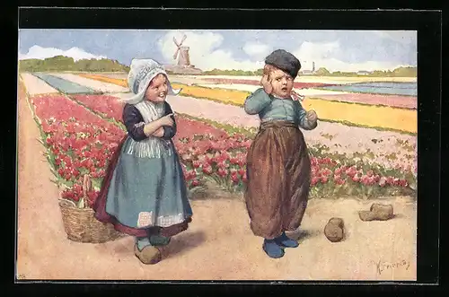Künstler-AK Karl Feiertag: Holländisches Paar am Blumenbeet, Im Hintergrund Windmühle