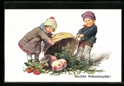 Künstler-AK Karl Feiertag: Kinderpaar mit Tanne und Blumen im Korb, Weihnachtsgruss
