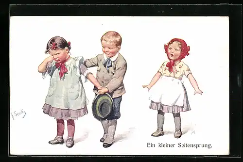 Künstler-AK Karl Feiertag: Junge tröstet eifersüchtiges Mädchen-Ein kleiner Seitensprung