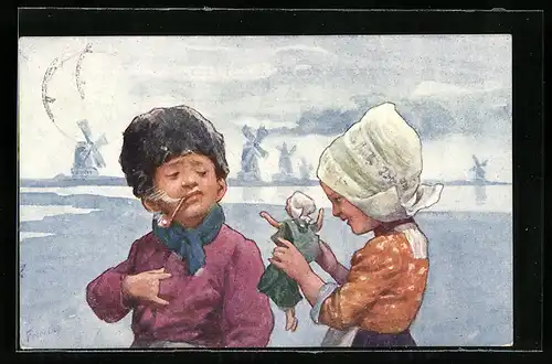 Künstler-AK Karl Feiertag: Holländisches Mädchen mit Puppe und Pfeife rauchender Junge