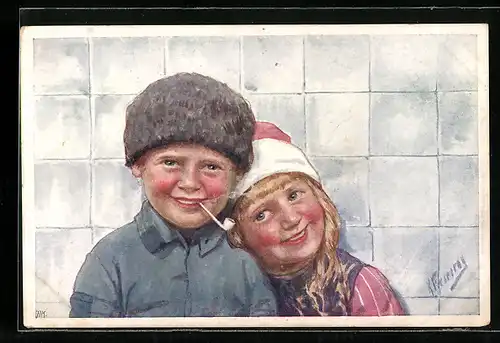 Künstler-AK Karl Feiertag: Mädchen und Knabe in Tracht