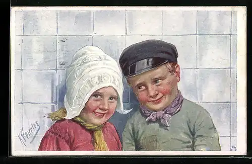 Künstler-AK Karl Feiertag: Holländisches Pärchen an einer Kachelwand