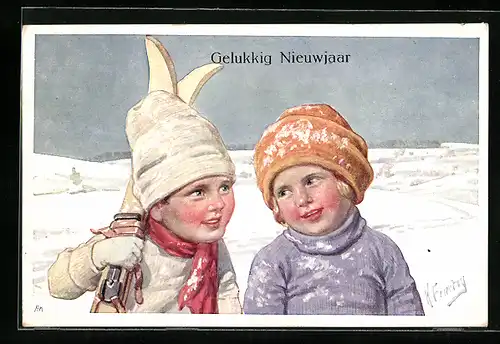 Künstler-AK Karl Feiertag: Kinderpaar mit Skiern im Schnee, Neujahrsgruss