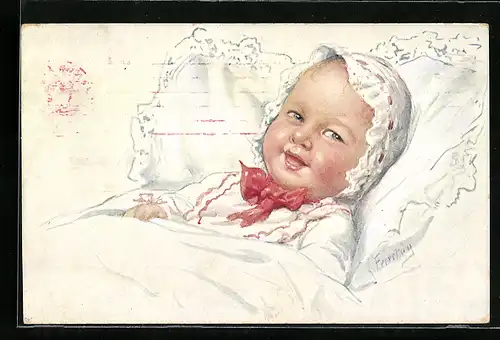 Künstler-AK Karl Feiertag: Kleinkind im Babybett