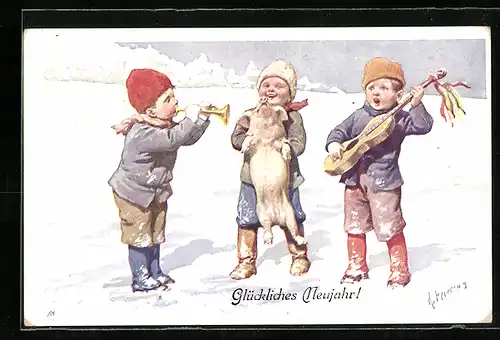 Künstler-AK Karl Feiertag: Drei Kinder mit Instrumenten und Schwein, Neujahrsgruss