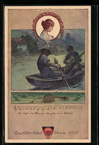 Künstler-AK Karl Friedrich Gsur: Deutscher Schulverein Nr. 91: Zwei Männer im Ruderboot, Gitarre