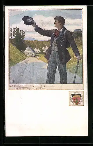 Künstler-AK Karl Friedrich Gsur: Deutscher Schulverein Nr. 457: So leb' denn wohl du süsses Haus, Wanderer am Ortsrand