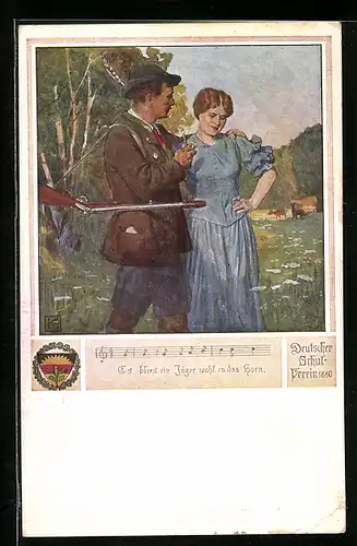 Künstler-AK Karl Friedrich Gsur, Deutscher Schulverein Nr. 464: Jäger legt den Arm um die Schultern der Frau