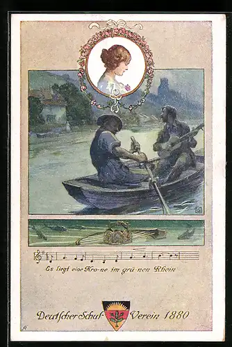 Künstler-AK Karl Friedrich Gsur: Deutscher Schulverein Nr. 91: Zwei Männer im Ruderboot, Gitarre