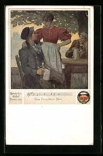 Künstler-AK Karl Friedrich Gsur: Deutscher Schulverein Nr. 463. Das schwarz-braune Bier, Student und Schankmaid
