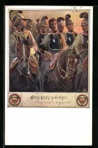 Künstler-AK Karl Friedrich Gsur: Deutscher Schulverein Nr. 558: Morgenrot - Kavalleristen im Felde
