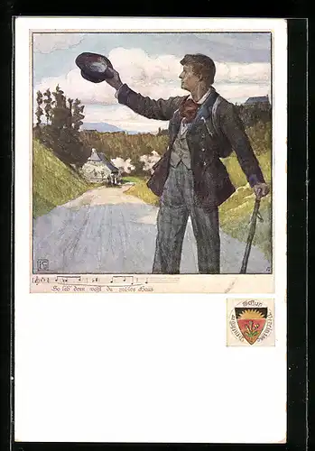 Künstler-AK Karl Friedrich Gsur: Deutscher Schulverein Nr. 457: So leb' denn wohl du süsses Haus, Wanderer am Ortsrand