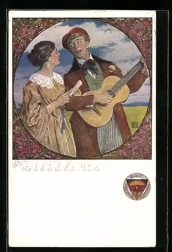 Künstler-AK Karl Friedrich Gsur: Deutscher Schulverein Nr. 459: Mann spielt für Frau Gitarre