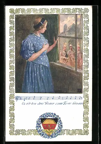 Künstler-AK Karl Friedrich Gsur: Deutscher Schulverein Nr. 370: Frau am Fenster, draussen drei Reiter, Glücksklee