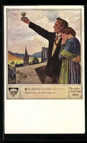 Künstler-AK Karl Friedrich Gsur: Deutscher Schulverein Nr.:559, Liebespaar am Balkon, Mann prostet mit Weinglas