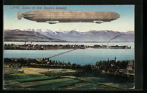 AK Lindau, Panorama mit Graf Zeppelins Luftschiff