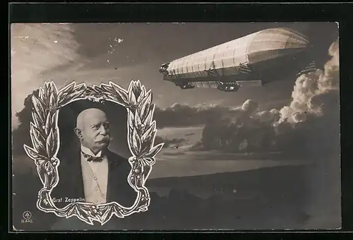 AK Zeppelin am Himmel, Porträt von Graf Zeppelin