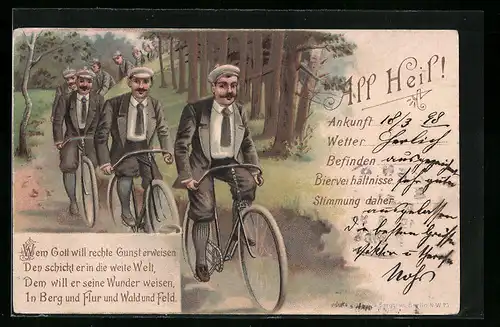 Lithographie All Heil!, Fahrradfahrer in Vereinskleidung