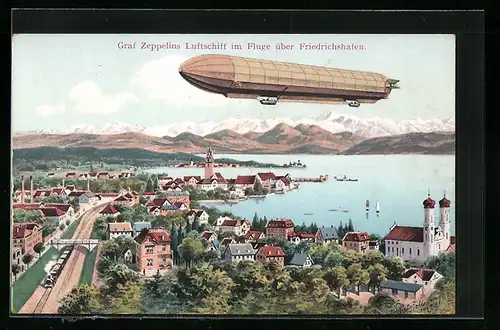 AK Friedrichshafen, Graf Zeppelins Luftschiff über dem Ort