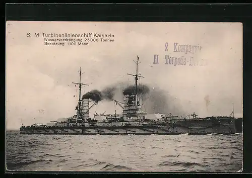 AK SM Turbinenlinienschiff Kaiserin bei leichtem Wellengang, Kriegsschiff