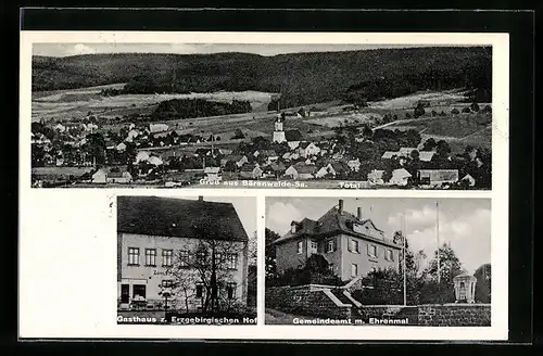 AK Bärenwalde i. Sa., Gasthaus zum Erzgebirschen Hof von Emil Heberlein, Gemeindeamt mit Ehrenmal, Panorama