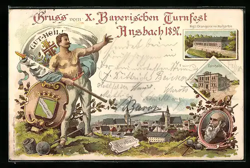 Lithographie Ansbach, X. Bayerisches Turnfest 1897, Königliche Orangerie im Hofgarten, Turnhalle, Turnvater Jahn