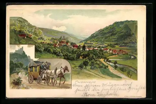 Lithographie Muggendorf, Postkutsche auf dem Weg in den Ort, Orts-Panorama