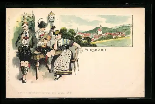 Lithographie Miesbach, Teilansicht, Bayern in Tracht