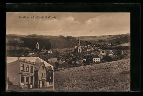 AK Hellenthal /Eifel, Gasthof Mathias Lind, Teilansicht mit Kirche