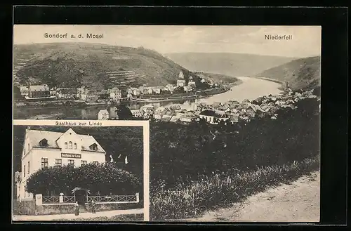 AK Gondorf / Mosel, Gasthaus zur Linde, Panoramablick auf Niederfell
