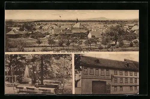 AK Schwalbach a. T., Ortsansicht mit Kirche, Gasthaus zum Hirschen mit Gartenlokal