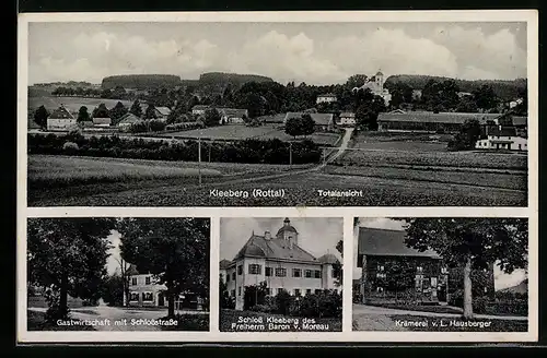 AK Kleeberg, Gasthaus mit Schlossstrasse, Schloss Kleeber, Krämerei v. L. Hausberg, Totalansicht