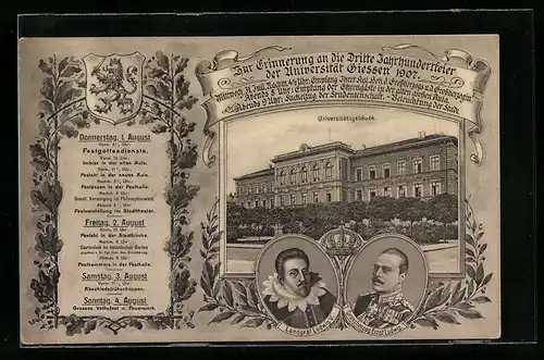 AK Giessen, Zur Erinnerung an die dritte Jahrhundertfeier der Universität 1907, Universitätsgebäude, Landgraf Ludwig V.