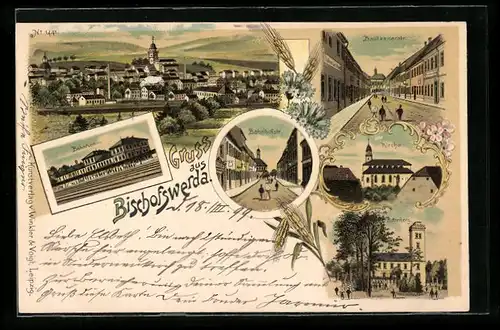 Lithographie Bischofswerda, Gasthaus Butterberg, Bahnhof, Kirche