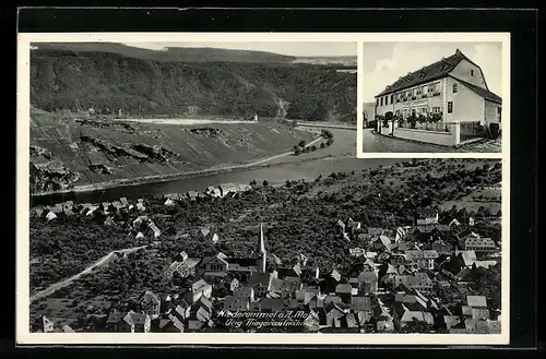 AK Niederemmel / Mosel, Gasthaus zum Goldtröpfchen und Ortspartie aus der Luft gesehen