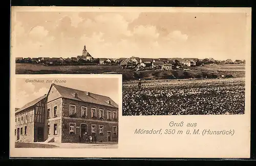 AK Mörsdorf / Hunsrück, Gesamtansicht, Gasthaus zur Krone