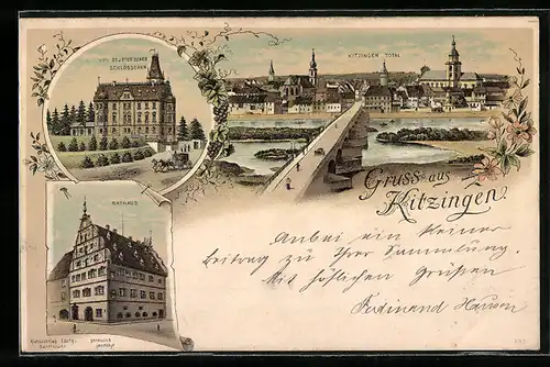 Lithographie Kitzingen, Von Deutersches Schlösschen, Rathaus, Ortsansicht