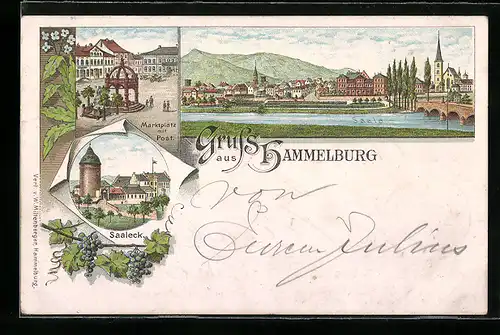 Lithographie Hammelburg, Marktplatz mit Post, Saaleck, Ortsansicht