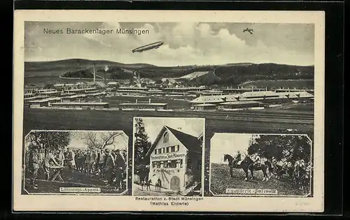 AK Münsingen, Neues Barackenlager, Zeppelin, Restauration z. Stadt Münsingen v. Mathias Enderle