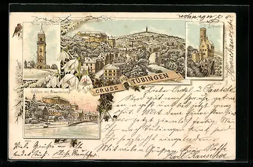 Winter-Lithographie Tübingen, Kaiser Wilhelm-Turm, Lichtenstein, Schloss mit Alleenbrücke