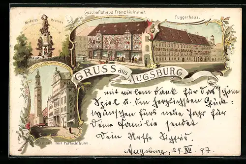 Lithographie Augsburg, Geschäftshaus Franz Hummel, Fuggerhaus, Rathaus m. Perlachturm