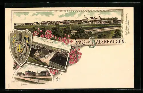 Lithographie Babenhausen, Hauptstrasse, Bahnhof, Panorama