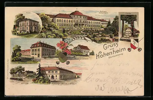 Lithographie Hohenheim, Gasthaus Hirsch in Birkach, Villa, Gartenbauschule