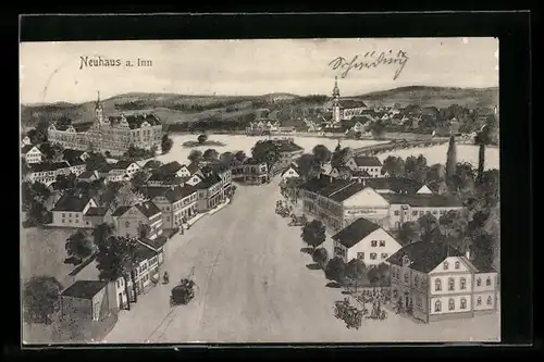 Künstler-AK sign. Hans Pernat: Neuhaus a. Inn, Ortsansicht aus der Vogelschau