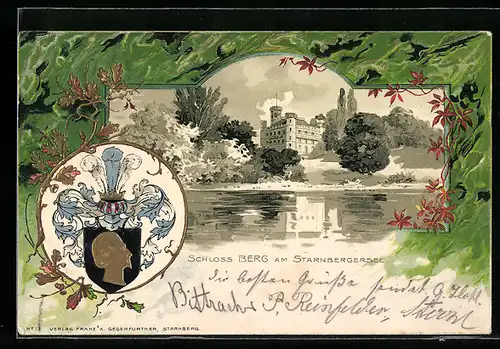 Passepartout-Lithographie Berg, Schloss am Starnbergersee, Wappen